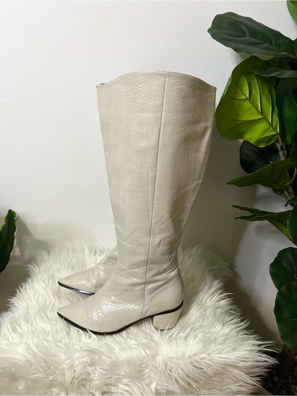 Eloquii Glimmer Ivory Snakeskin Western Knee High Boots 10W Wide Calf Plus Size